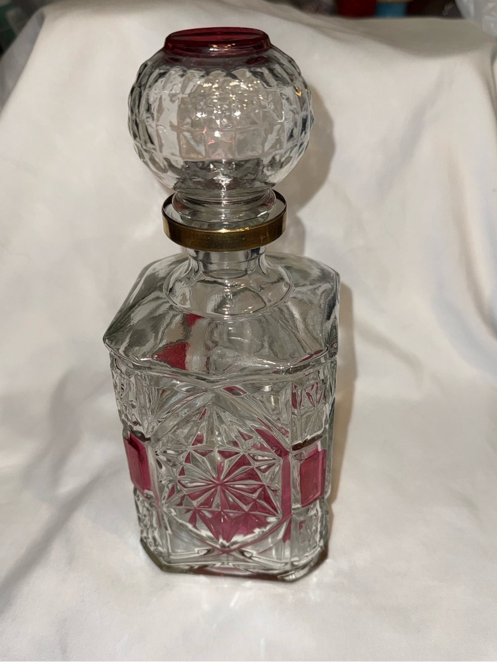 Glass Decanter with Pink Accent and Gold Rim